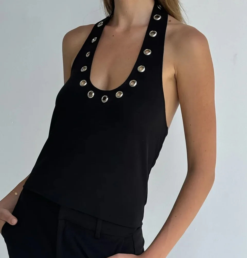 TARUXY Metal Hollow Halter Neck Vest Sexy Hot Girl Plunge Bodycon Solid Color Sleeveless Tanks Casual Club Party Camis Top Y2K