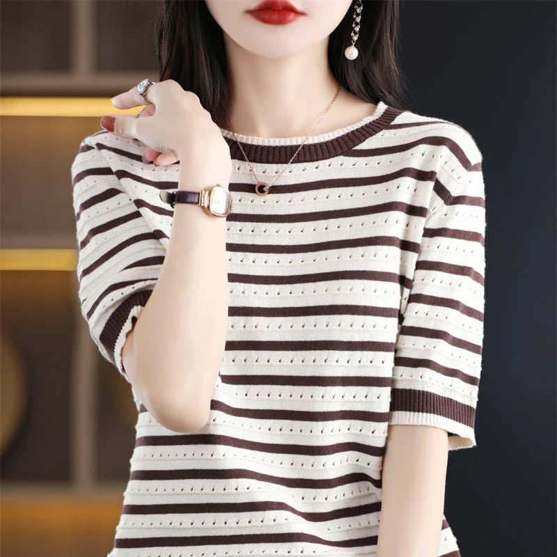 Pure Cotton Hollow Short-Sleeved Ladies Spring And Summer Loose Slim New Joker Knit Bottoming T-Shirt