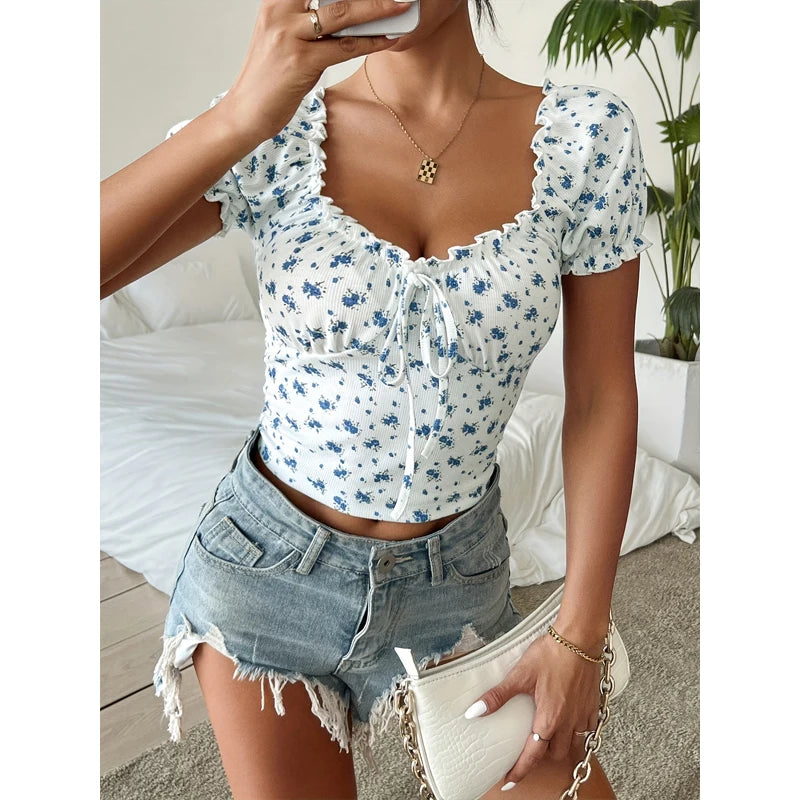 Women's floral puff sleeve V-neck boho blouse — view 3 of 18