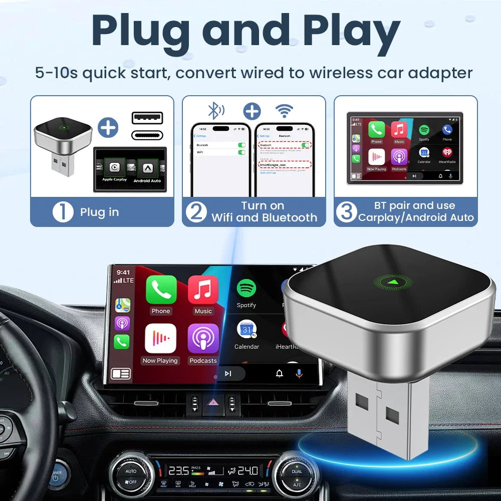 2in1 Wireless CarPlay Dongle Wired to Wireless Android Auto Car Radio Type-C USB Plug and Play for Audi Toyota VW Benz for OEM