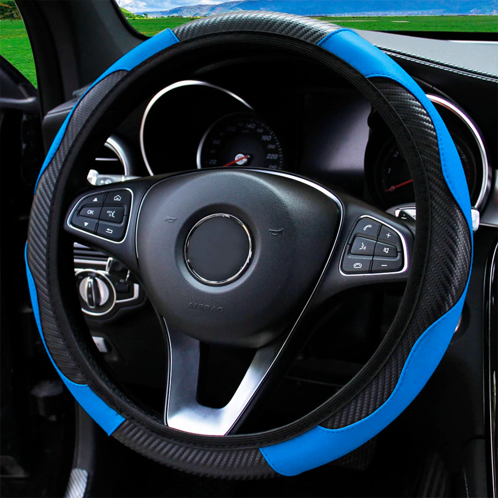 Carbon Fiber PU Leather Steering Wheel Cover – Universal Fit 14.5–15 Inch | Anti-Slip Car Interior Accessory