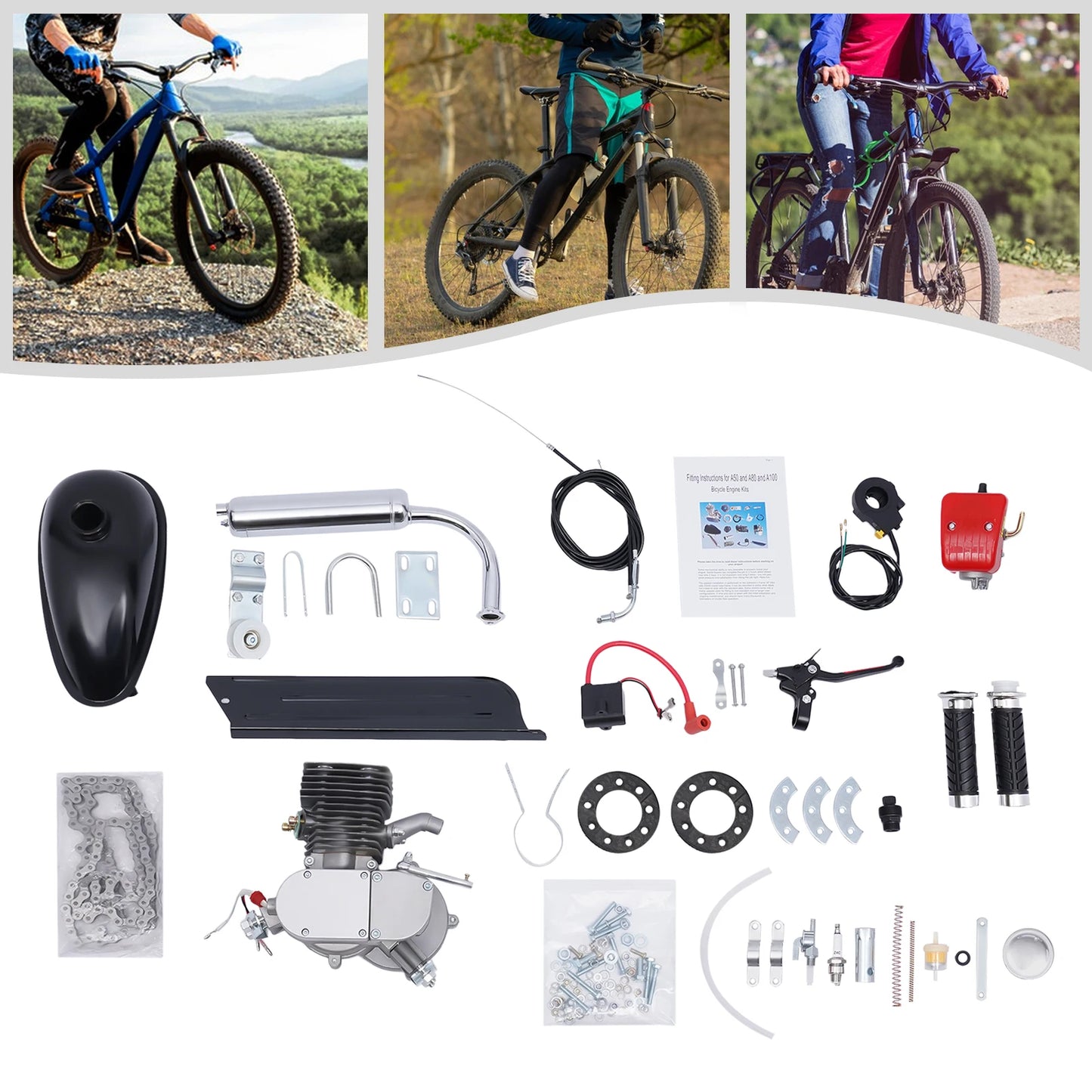 2-Stroke 100cc Bicycle Gasoline Engine Kit,36/44 Teeth Gas Motor,Petrol Engine W/ Air-Cooling System for Most 26" Or 28" Bike
