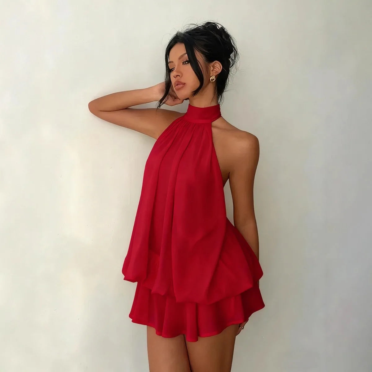 Women's Halter Backless Chiffon Mini Dress — Tie-Front Party Dress