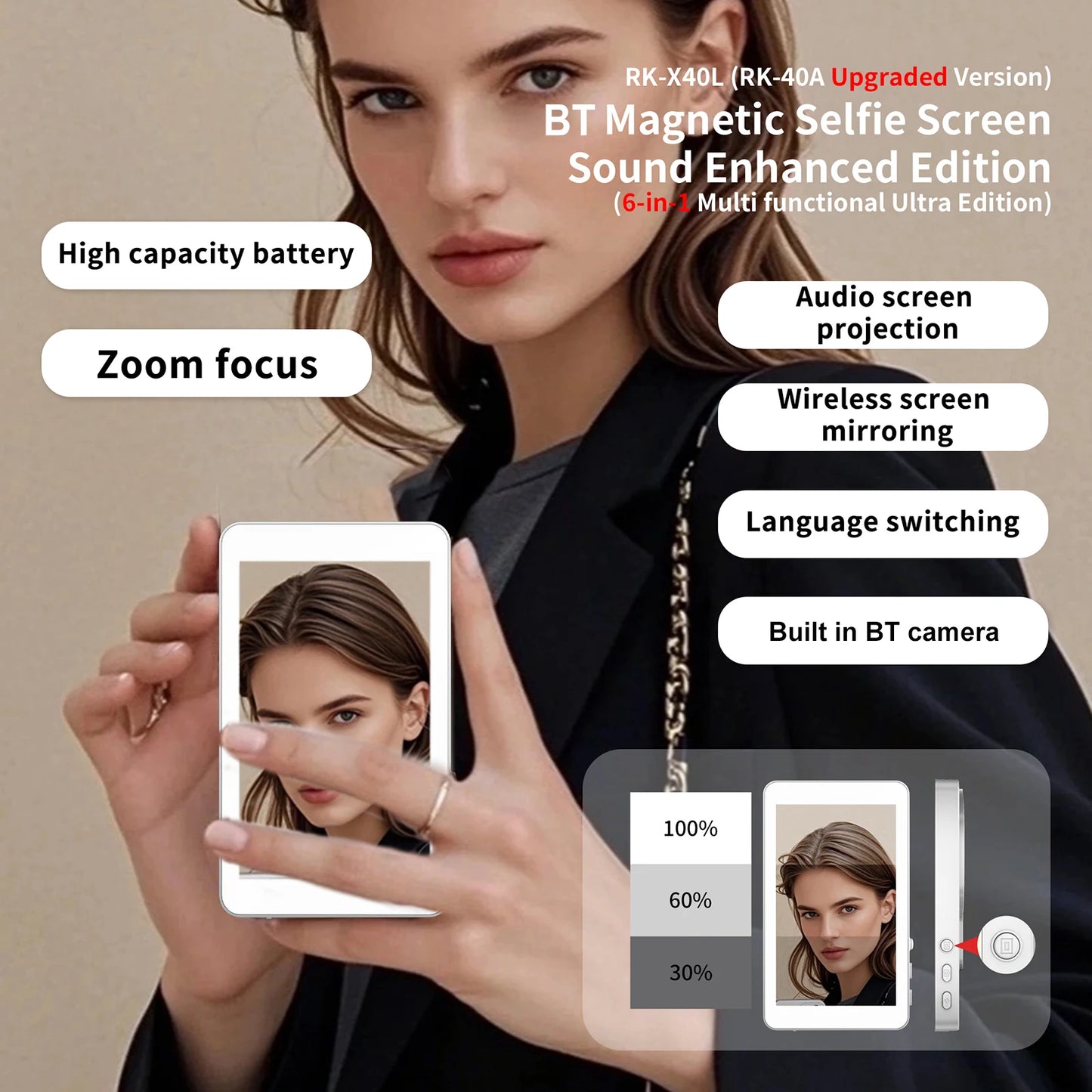 Upgrade Magnetic Wireless Selfie Monitor Screen 4inch For Android Phone Rear Camera Live Streaming Video Recording W/ Zoom Focus
