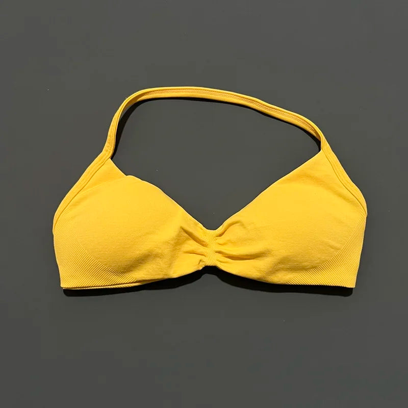 HISTELLO Df Solid Color Impact Strappy Bra Women Seamless Yoga Underwear Fitness Workout Halter Top Running Gym Sports Bra