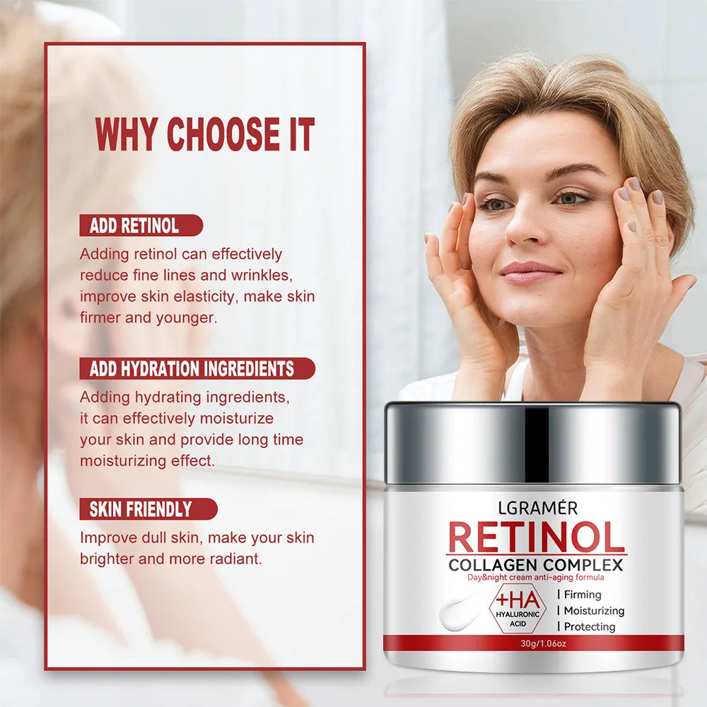 Crema reafirmante con retinol, colágeno, suaviza las arrugas, crema facial, hidratante, blanqueadora, nutritiva y aclarante.
