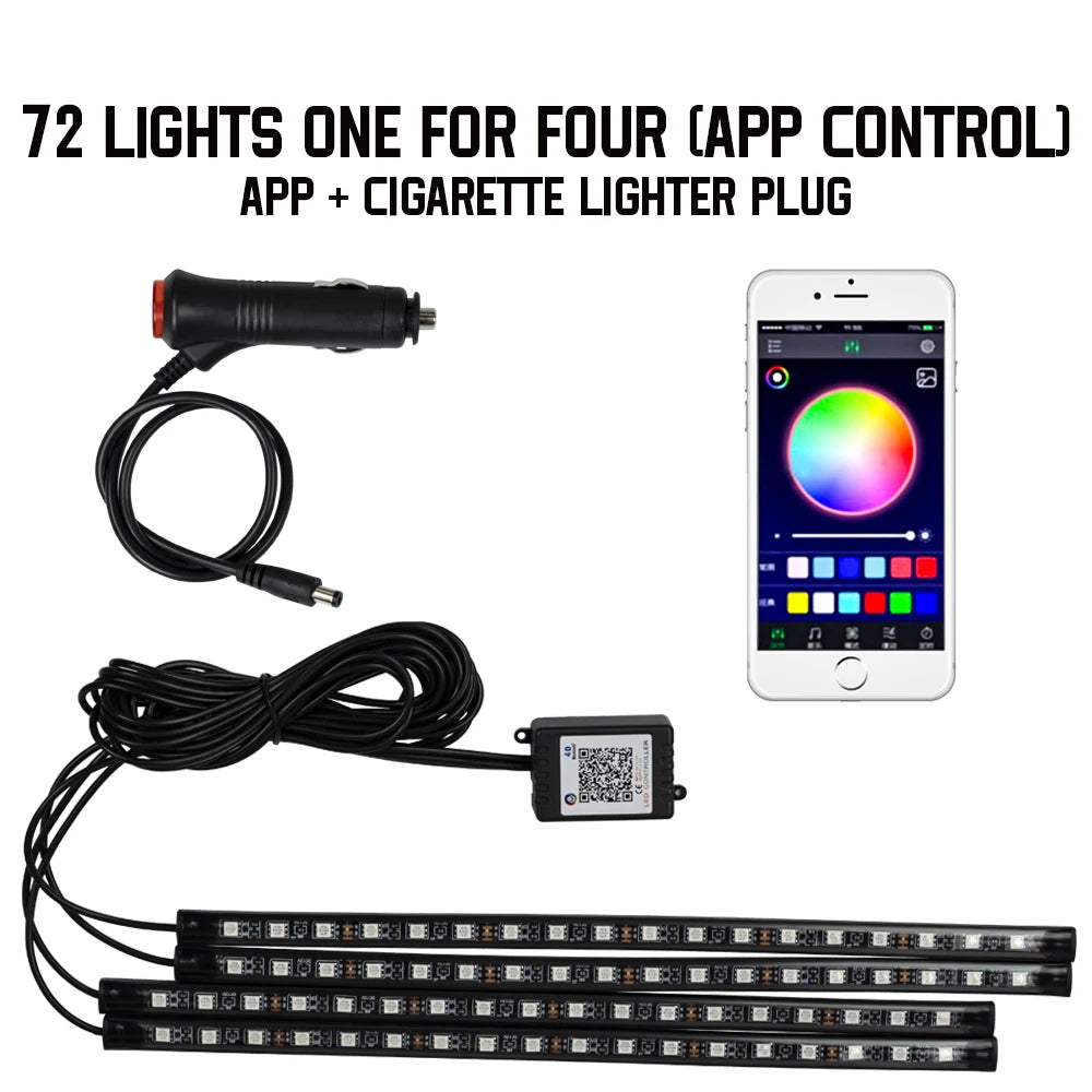 RGB LED Car Interior Ambient Light Strip – 36/48/72 LED Remote & App Music Control | USB or Cigarette Lighter | Atmosphere Foot Light