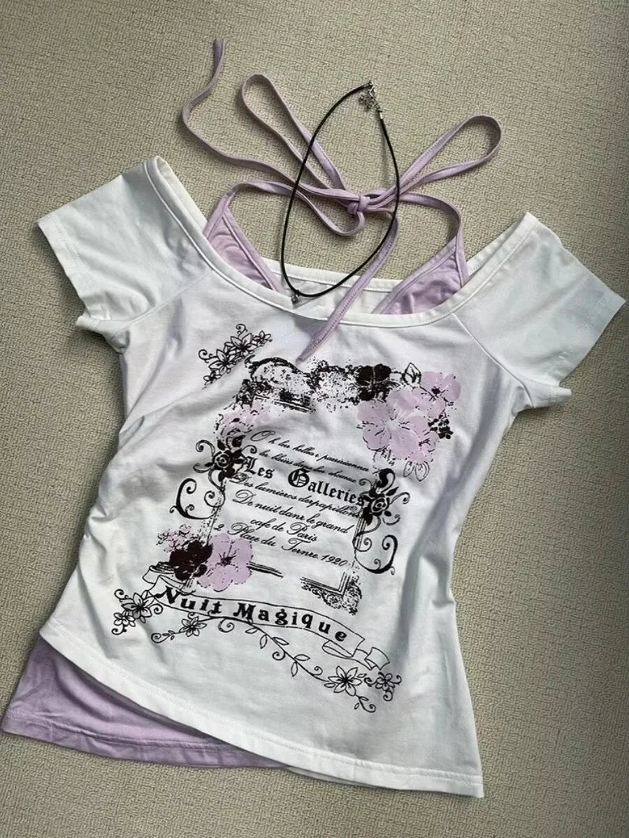 Women's Vintage Harajuku V-Neck Backless Crop T-Shirt – Grunge Y2K Patchwork Subculture Tee