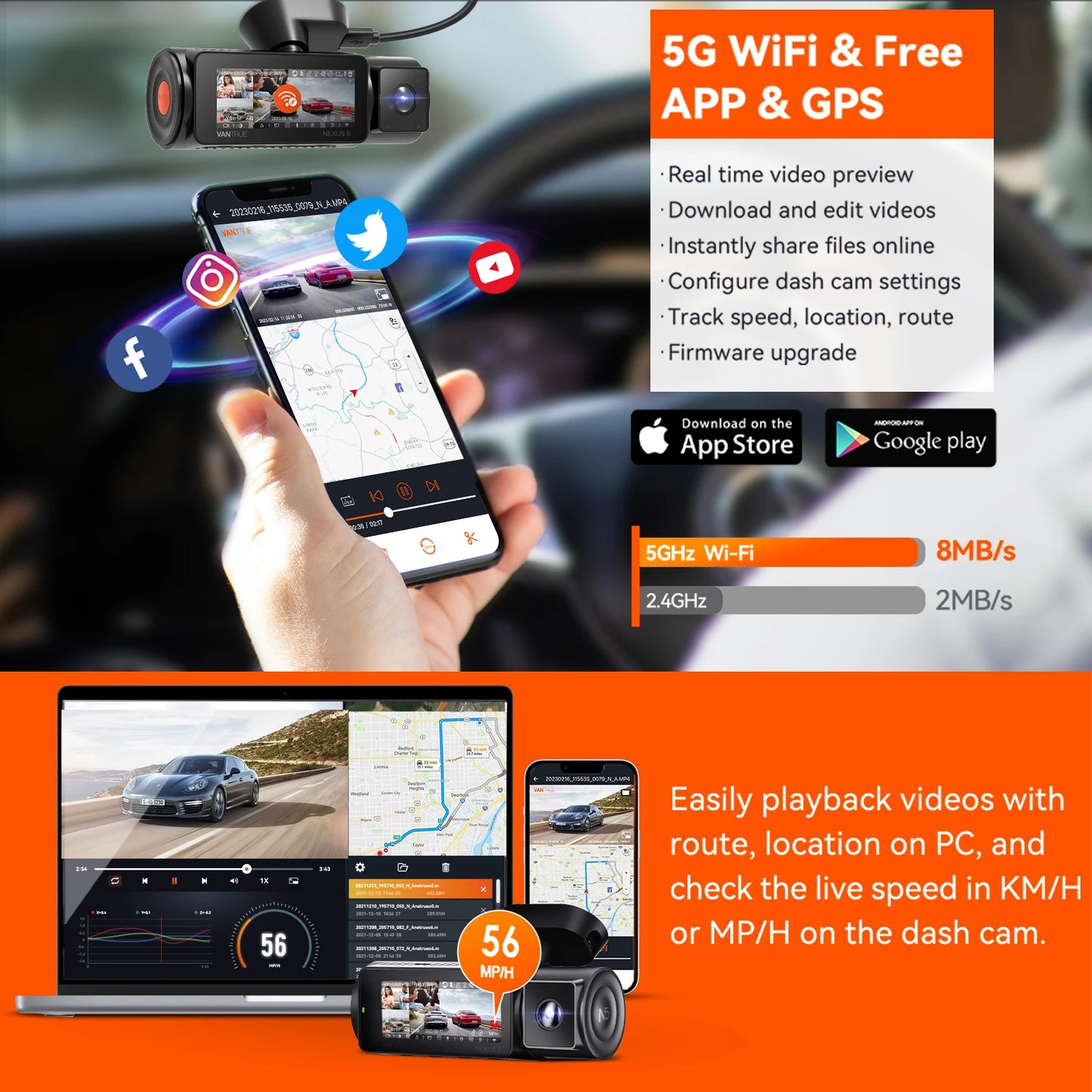 Vantrue N5 DashCam 4 Channel WiFi 360° All Sides  STARVIS 2 IR Night Vision Voice Control GPS Car Dash Cam Support 512GB Max