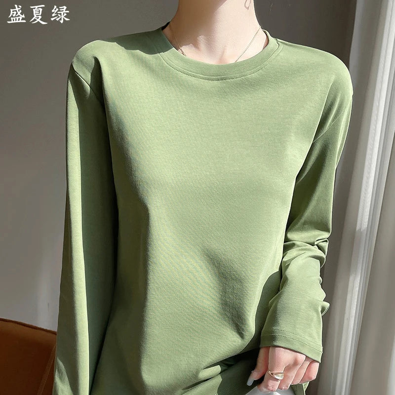 Spring And Summer New Mercerized Cotton Long Sleeve T-shirt Women's Round Neck Loose 100% Cotton Bottoming T-shirt