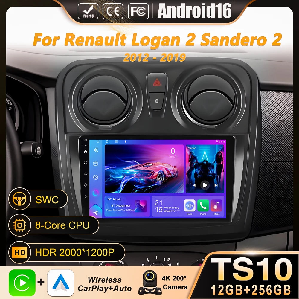 Android 16 Carplay Auto For Renault Logan 2 Sandero 2 2012 - 2016 2017 2018 2019 Car Radio Multimedia Player Stereo GPS WIFI DPS