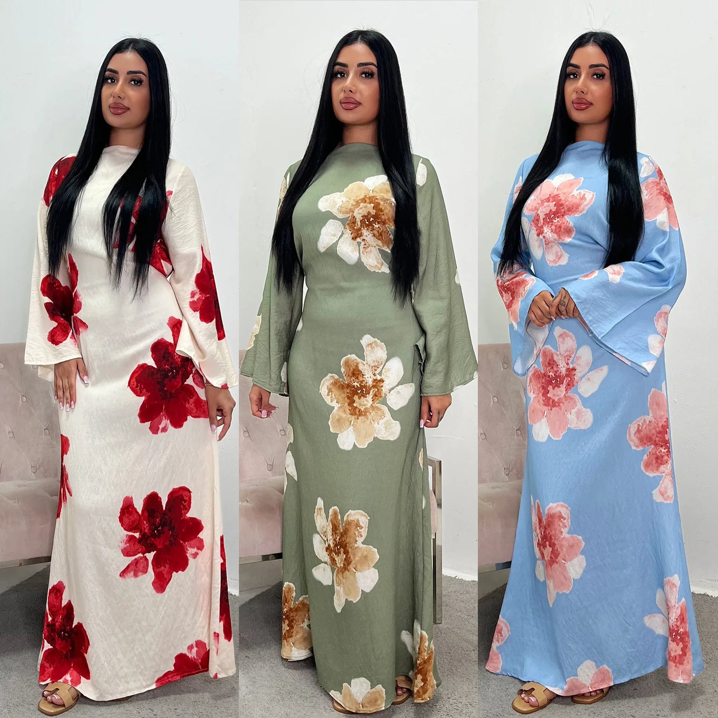 Women's Floral Print Abaya Party Dress – Muslim Kaftan Jalabiya