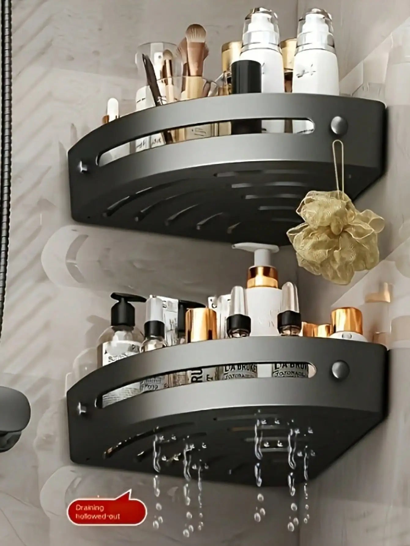 1/2Pcs Wall Mounted Corner Rack: No-Drill Black Bathroom Shampoo Towel Holder