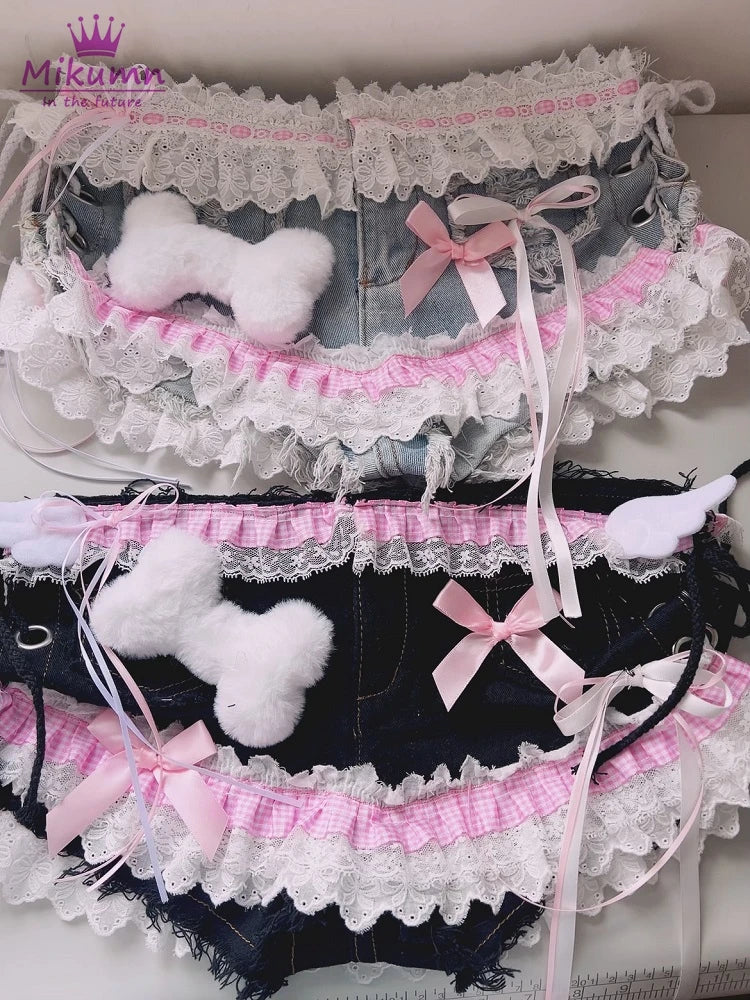 Mikumn Harajuku Y2k Women Sexy Lace Shorts Punk Girls Sweet Bow Angel Wing Bone Lace-up Low Waist Denim Shorts Jeans Streetwear