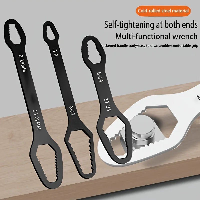 3Pcs Black Double-Head Wrench Kit, High-Hardness Steel, Adjustable & Box-End for Maintenance