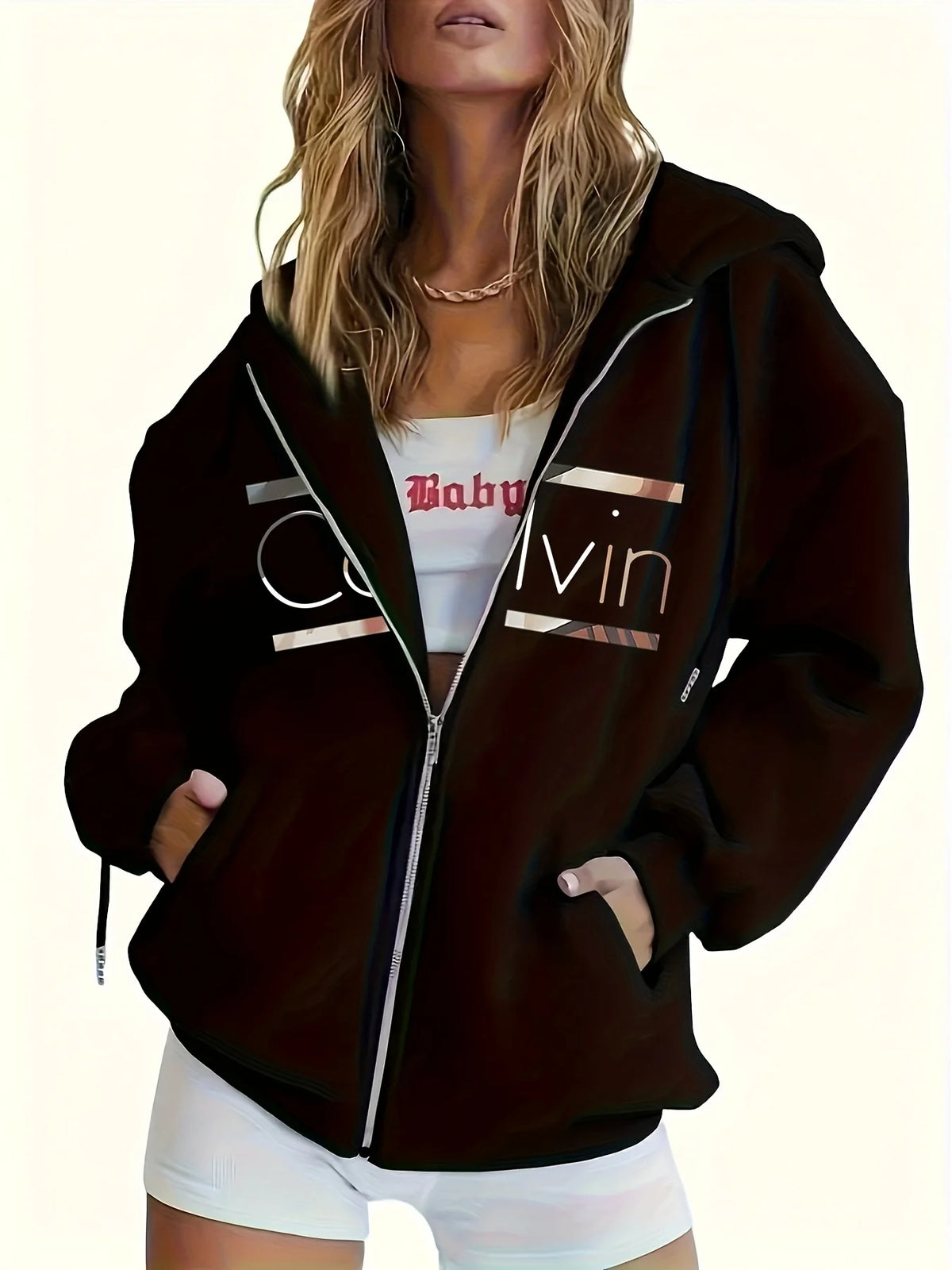 Women's Brown Zip-Up Hoodie - Drop Shoulder Relaxed Fleece Sweatshirt