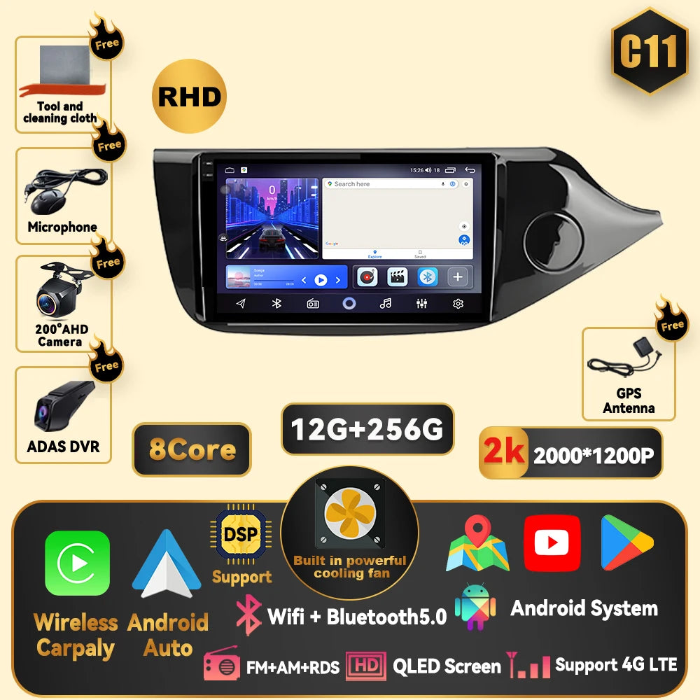 Android 15 Carplay For Kia CEED 2 JD 2012 - 2018 Car Radio Stereo Multimidia Player GPS Bluetooth DSP 2din Stereo QLED Screen