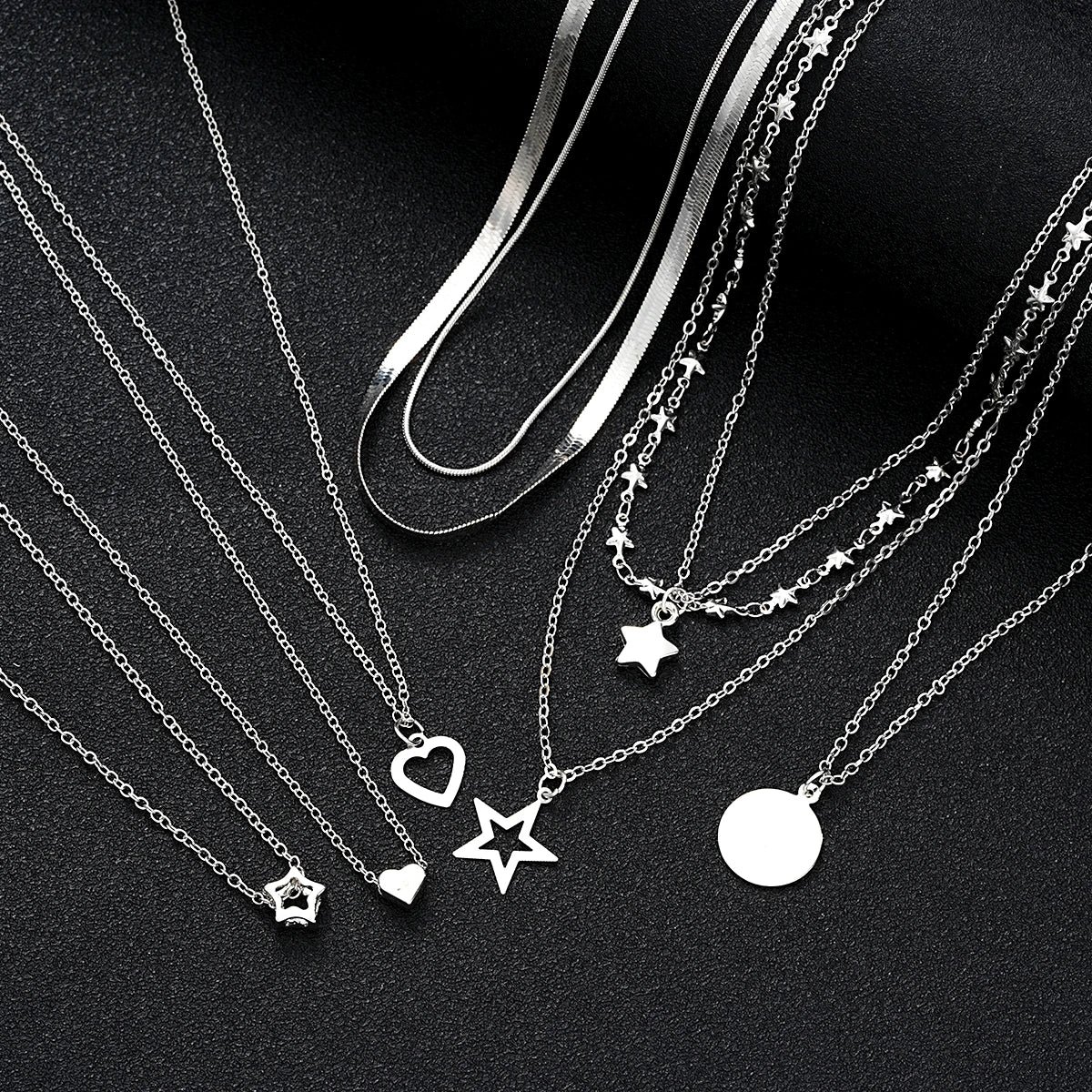 9 Pc Layered Choker Necklace Set for Women - Heart & Star Pendants