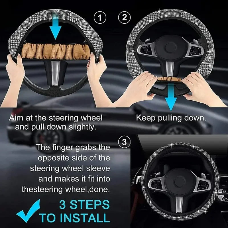 The stylish anti-slip size of the full-diamond steering wheel cover is suitable for diameters of 15 inches /38 centimeters