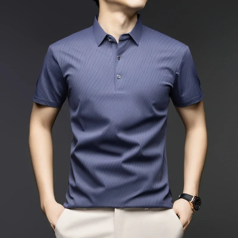 Men's Striped Polo Shirt - Quick-Dry Turn Collar, Moisture-Wicking