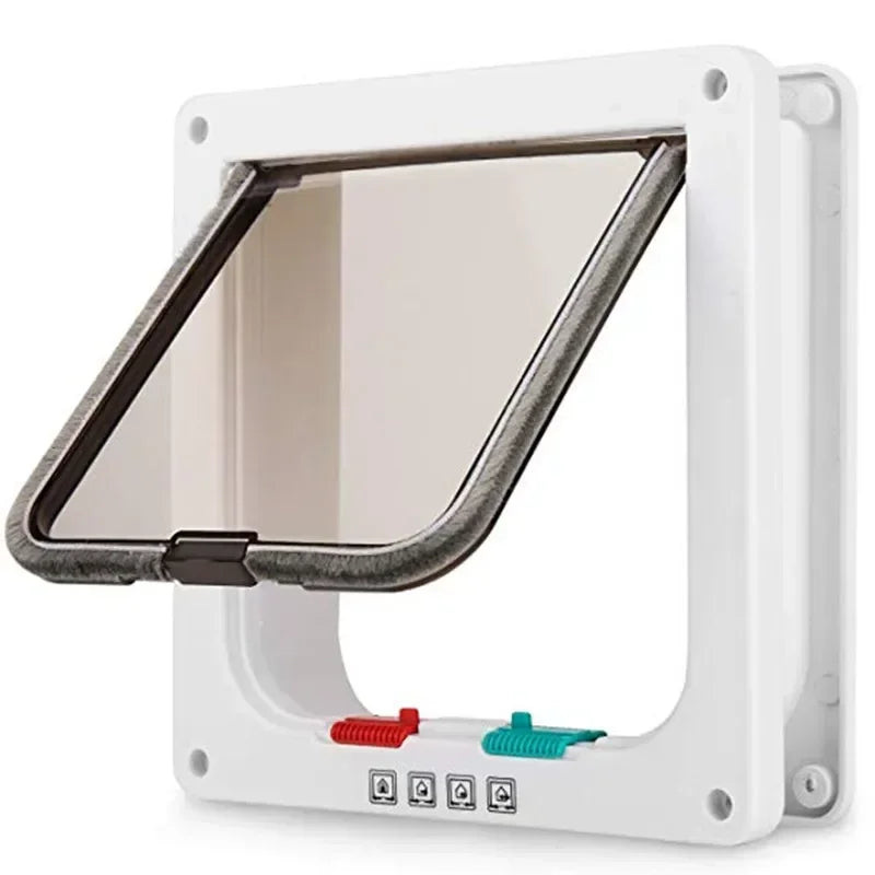 4-Way Security Cat Flap Door - White & Brown Pet Gate Kit