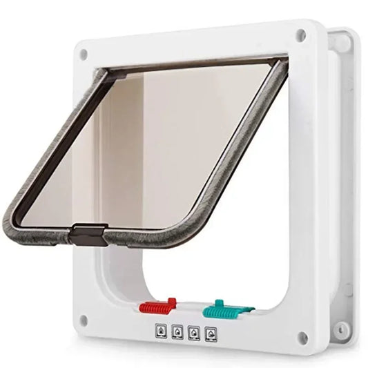 4-Way Security Cat Flap Door - White & Brown Pet Gate Kit