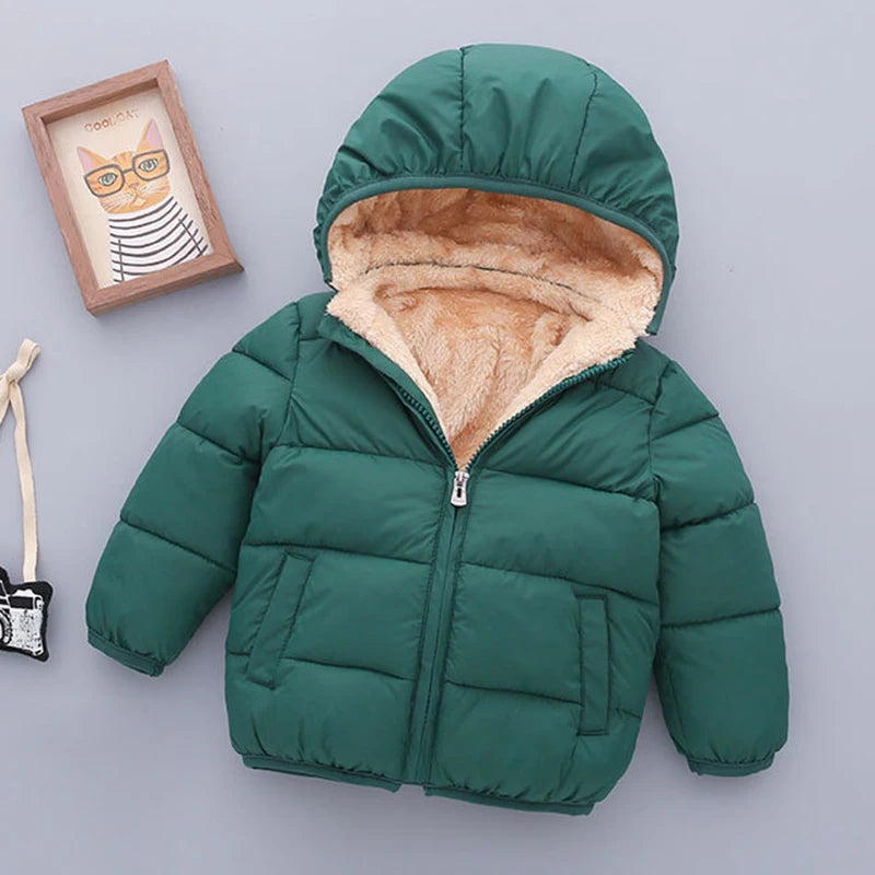 Kids Cartoon Hooded Puffer Coat - Plush Lined Winter Jacket