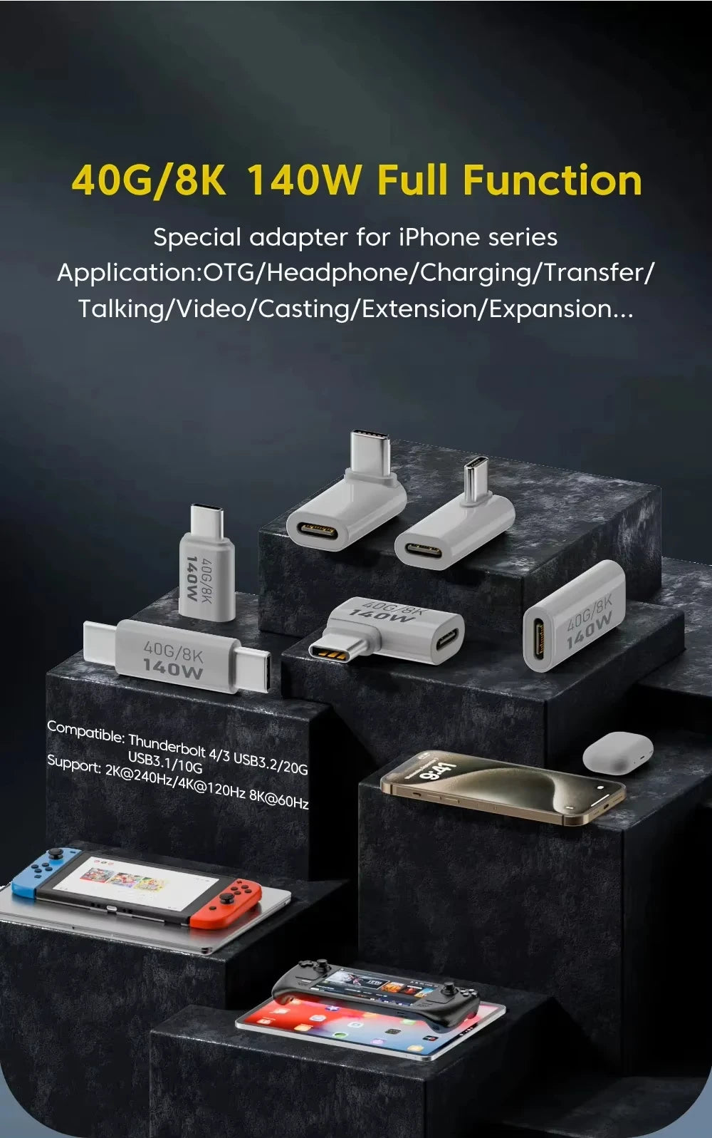 NNBILI 140W 40Gbps OTG Type C Adapter 90 degree USB C to Type C Fast Charging USB3.1 Data Transfer Adapter For iPhone 15 Macbook