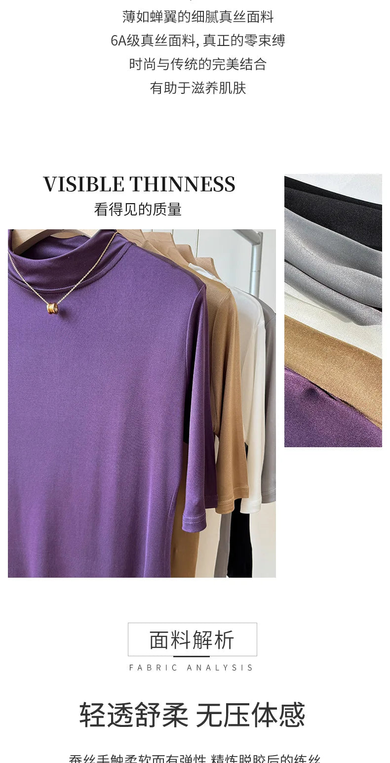 Yuyue's 100% Mulberry Silk Basic Women's T-shirt Solid Color Large Size Half Crew Neck Mulberry Silk Top Mid-sleeve Base Shirt
