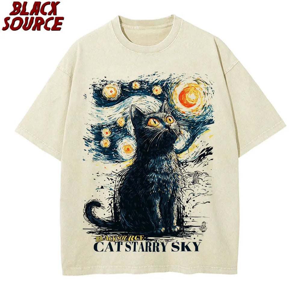 T188 Black Cat Starry Sky Night Vintage T-shirt for Men and Women, Short Sleeve Cotton Round Neck T-shirt, Casual Graphic