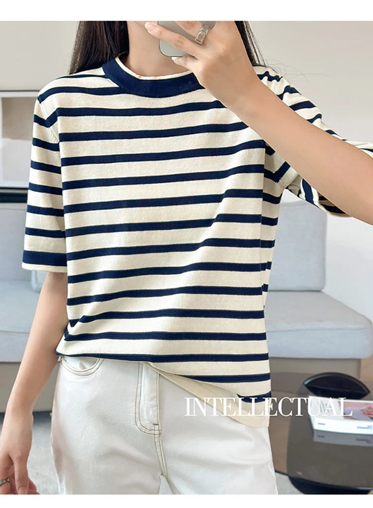Summer new 100% pure cotton knitted short sleeved casual women's T-shirt round neck loose Tees striped pullover Tops cool