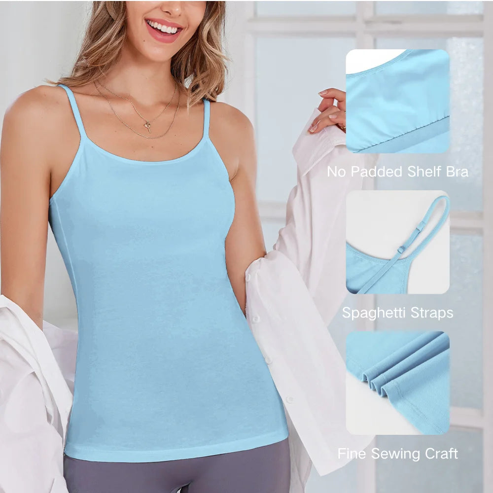 Anfilia Women Camisole 2PCS Solid Adjustable Spaghetti Straps with Shelf Bras 95% Cotton Soft Casual High Elastic Tank Tops