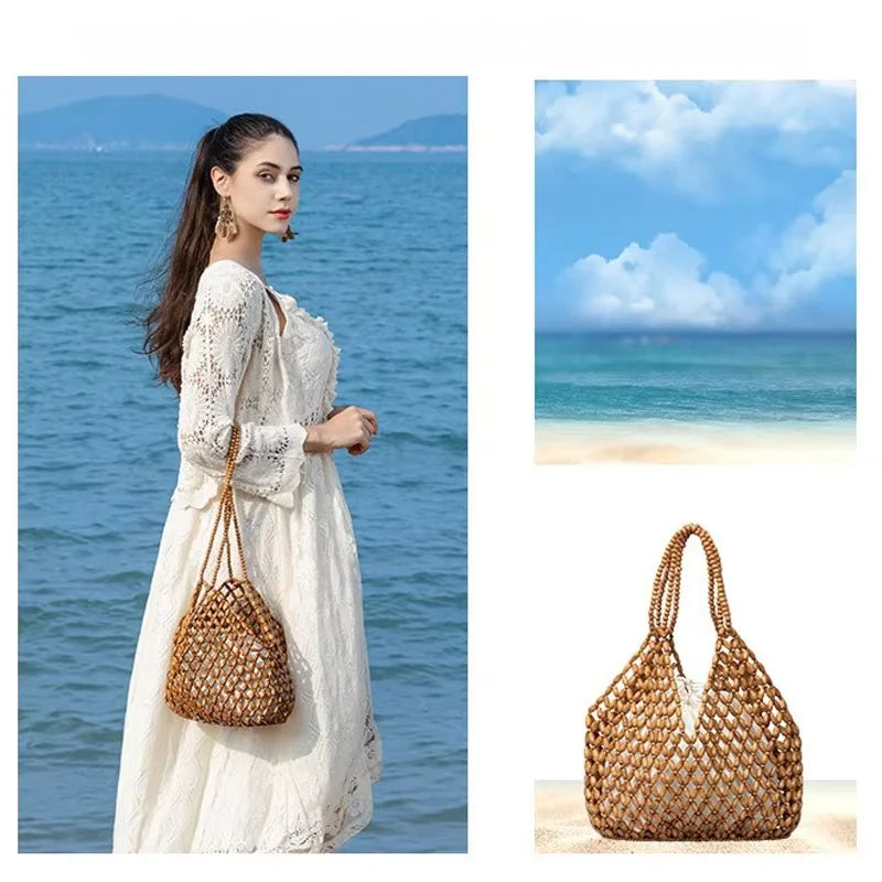 Women's Handmade Wooden Beaded Handbag - Hollow Woven Shoulder Bag - photo 5