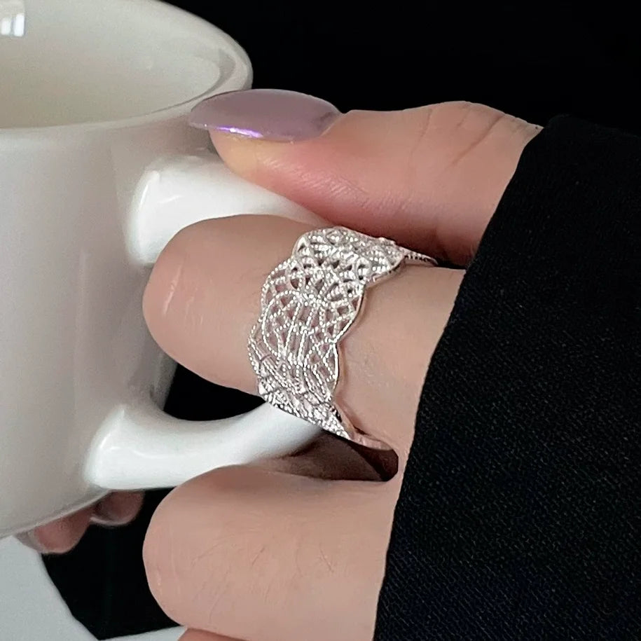 VENTFILLE 925 Sterling Silver Flower Lace Ring Korean Fashion Opening Inlaid CZ Adjustable Rings Valentine's Day Gift