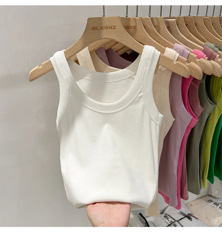 AOSSVIAO Women Solid Round Neck Ribbed Tank Top Camisole Women 2026 Summer Basic Elastic Tank Top O Neck Solid Tank Top