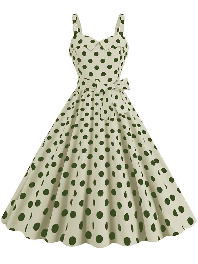 Women's Polka-Dot Puff-Sleeve Midi Sundress — Vintage Square-Collar Dress