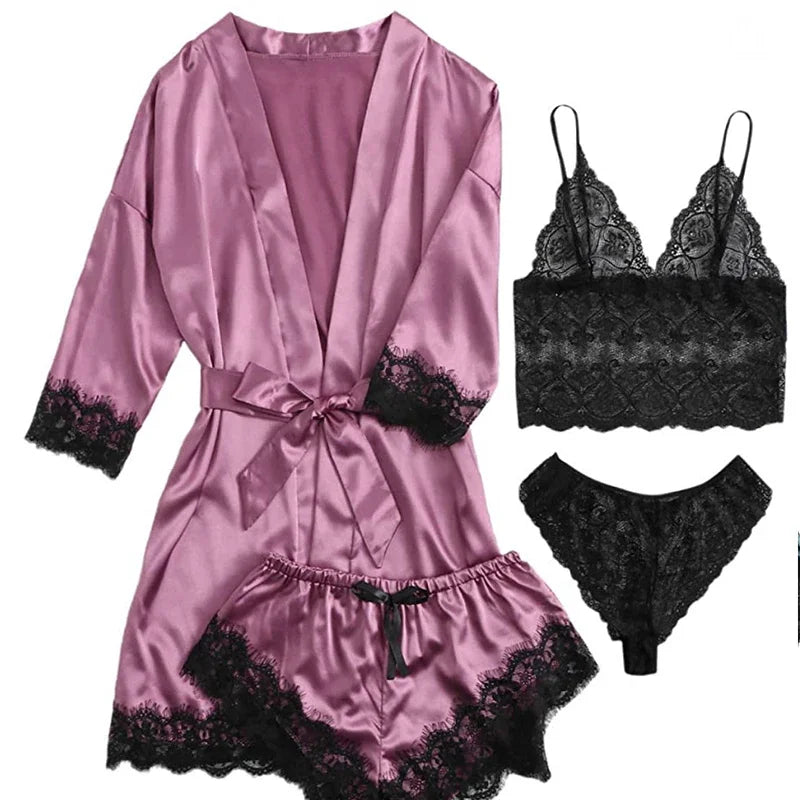 Women's 4-Piece Lace Camisole Pajama Set – Sexy Lingerie Nightgown, Shorts, Robe & Leisurewear | S–XXL (7 Colors)