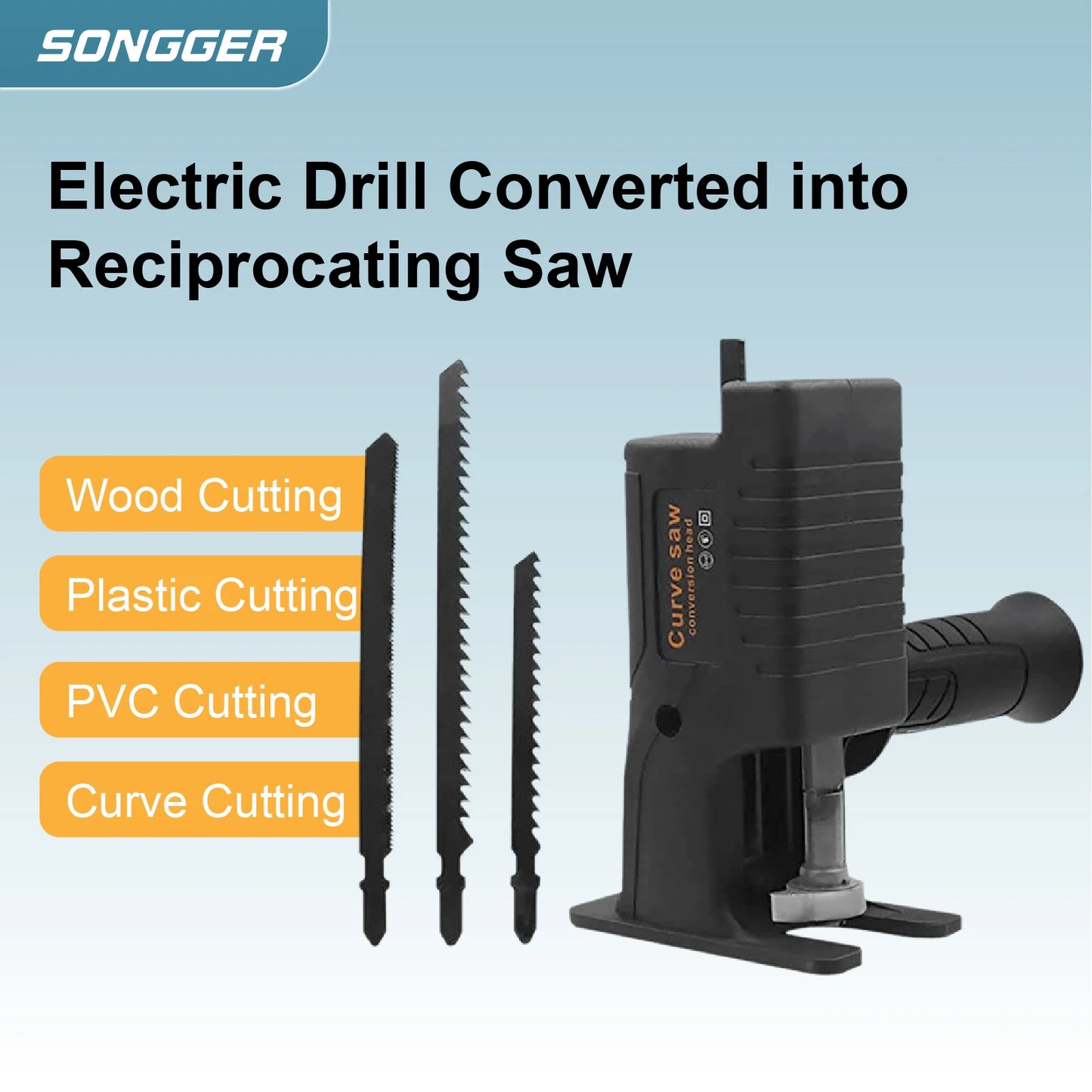 Electric Drill to Reciprocating Saw Adapter — Converter with Blades for Wood & Metal