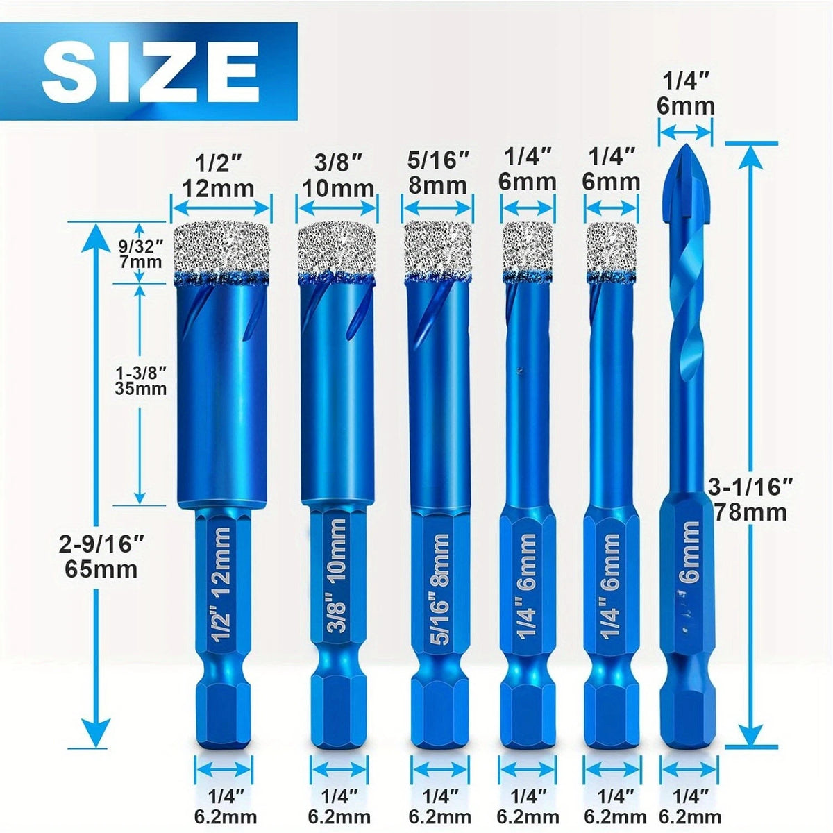 6 Pc Tile Drill Bit Set for Porcelain, Marble & Granite