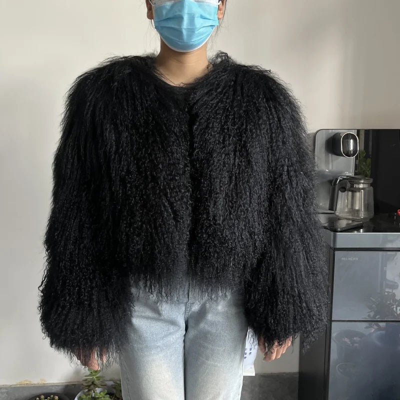 Women's Mongolian Sheep Fur Jacket, Round Neck