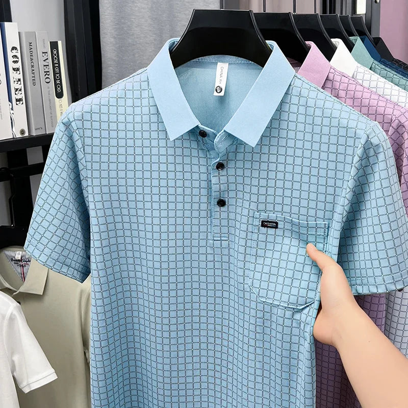 Men's Contrast Lapel Polo - Micro-Lattice Print, Chest Pocket