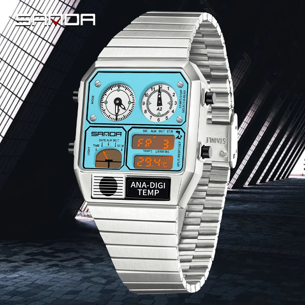 SANDA 3192 Men's Sport Watch – Analog-Digital LED, Waterproof, Stainless Steel