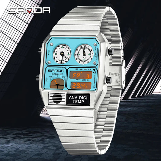 SANDA 3192 Men's Sport Watch – Analog-Digital LED, Waterproof, Stainless Steel