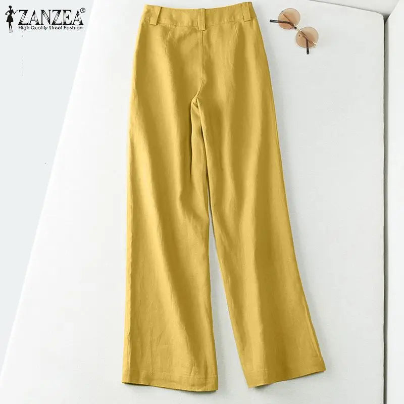 ZANZEA 2026 Spring Summer Cotton Linen Pants Women Long Trousers Wide Leg Plain Holiday Casual Pants Streetwear Fashion Bottoms