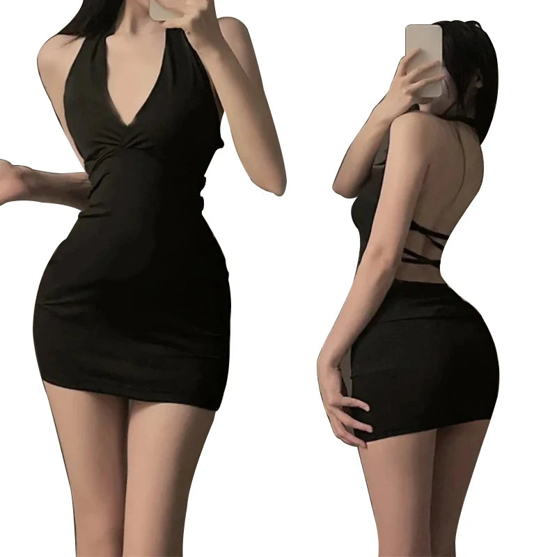 Women's Halter Backless Slim V-Neck Wrap Mini Dress – Sexy Club & Evening Dress | Multiple Colors & Sizes
