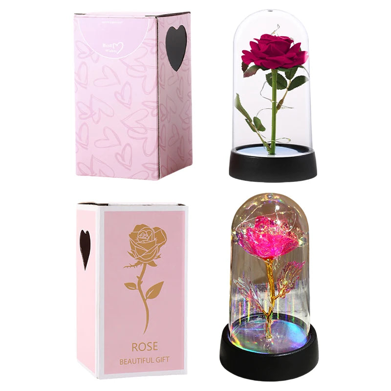 Artificial Rose Flowers Eternal Rose LED Light Foil Flower in Glass Cover Simulation Rose Flower Christmas Teachers' Day Gifts