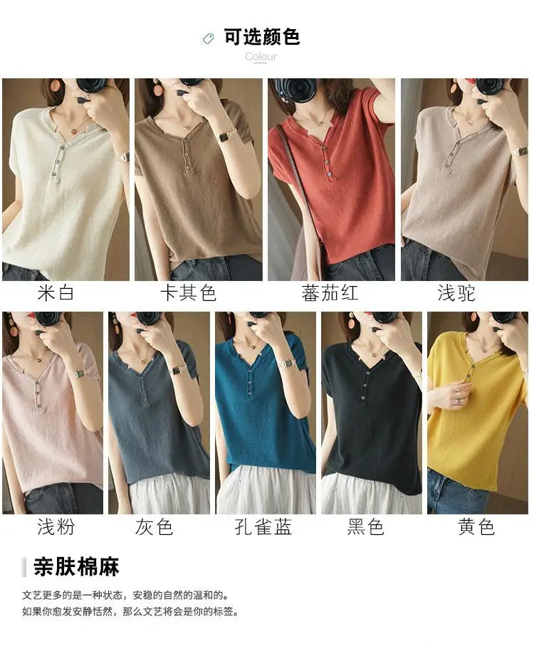 Summer 100% pure cotton women's T-shirt V-neck knitted short sleeved loose Tees solid color pullover button Tops basic versatile