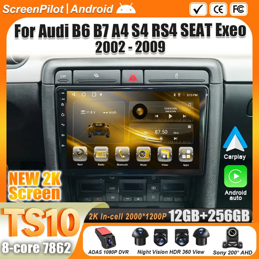 Android Car Stereo for Audi A4 B6 B7, S4, RS4 & Seat Exeo (2002–2009) — CarPlay, Bluetooth, 2-DIN