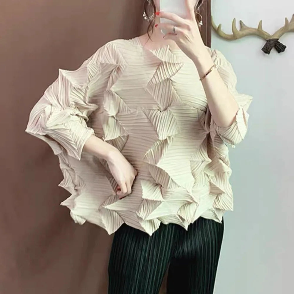 Miyake-Style Pleated T-Shirt - Women's Loose Round-Neck Summer Top