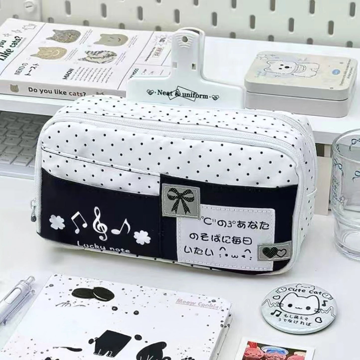 Cute Cat Pattern Blue Polka Dot Pencil Case for Students
